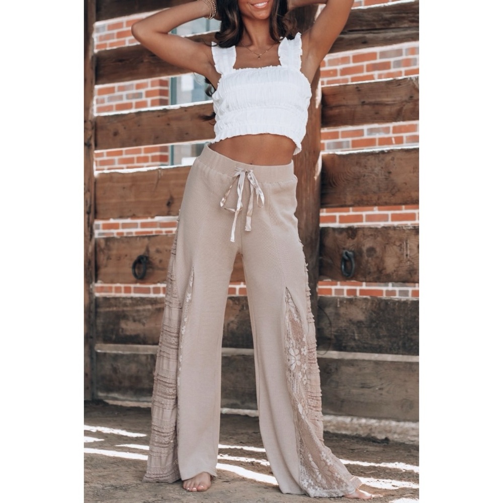 POL Mocha Latte Stretch Knit Lace Panel Wide Leg Pants - Picture 2 of 14